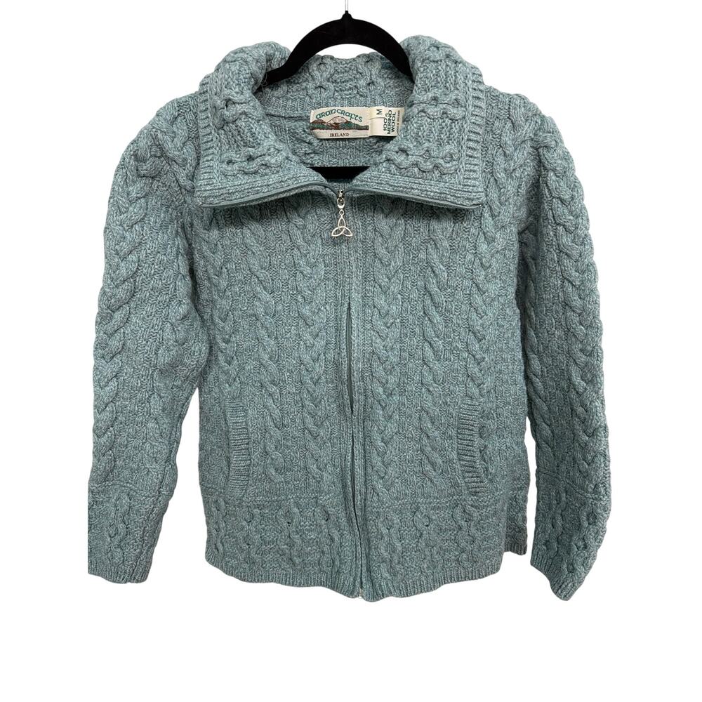 Aran Crafts Ireland Merino Wool Light Blue Cardigan Sweater Full Zip Medium